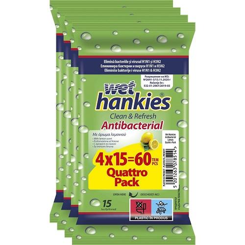 Wet Hankies Антибактериални кърпи лимон 4 х 15 бр от ароматизирани - 3.40